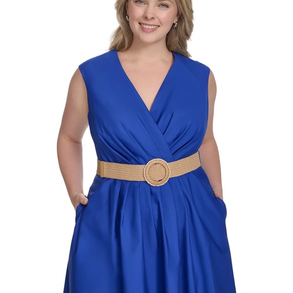 Jessica Howard Plus Size Belted Sleeveless V-Neck Midi Dress, size 20W - Picture 3 of 14